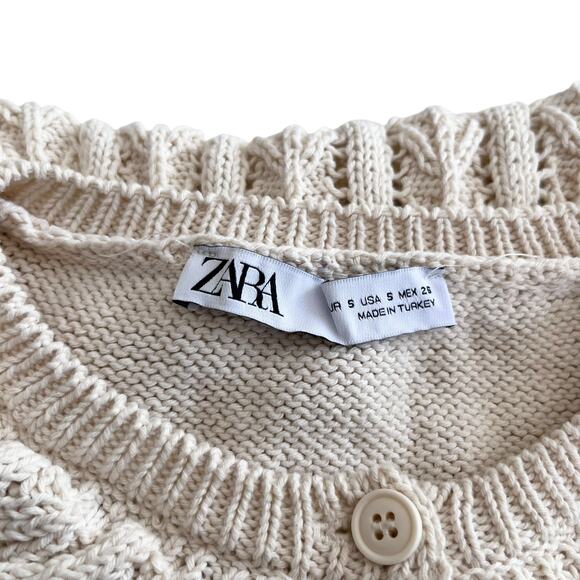 Zara Cream Floral Embroidered Eyelet Collar Frill Sleeve Cardigan Sweater Size S - Picture 3 of 9